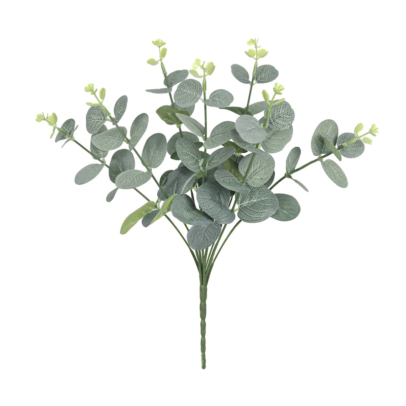 Set of 4 Frosted Green Artificial Eucalyptus Leaf Stem Plant Greenery Foliage Bush 13in - 13" L x 7" W x 7" DP