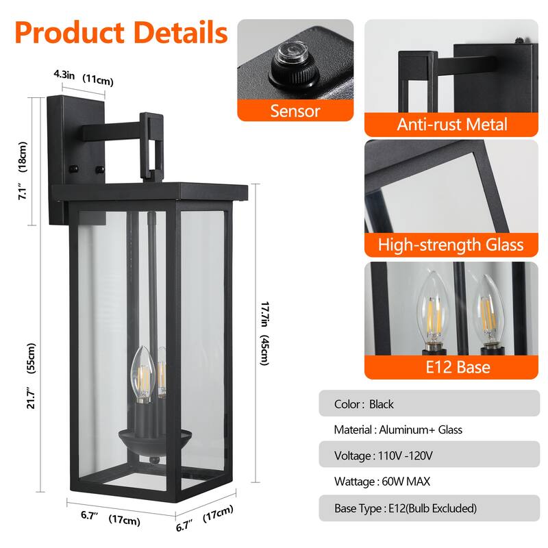 2-Pack 22.0" Outdoor Wall Lantern with Dusk to Dawn Sensor, Matte Black Finish, Clear Glass Panels, Weatherproof