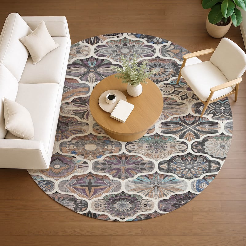 Machine Washable Indoor/ Outdoor Trellis Mosaic Chantille Rug