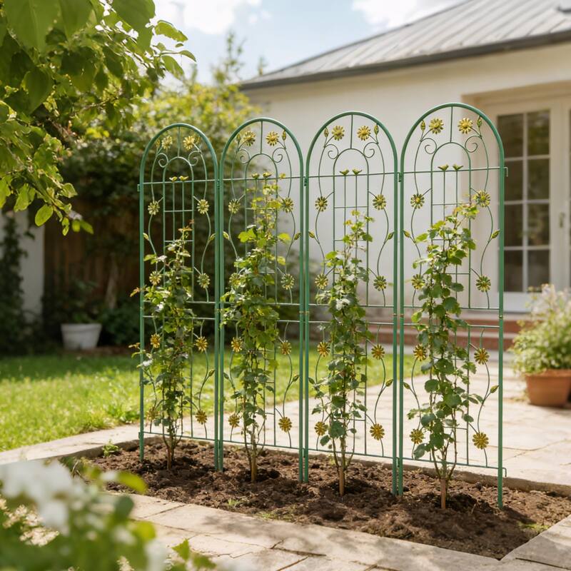 Anmytek Decorative Metal Garden Trellis Set of 2 with Arch Top Daisy Motifs Green Weather Resistant Climbing Plant Support