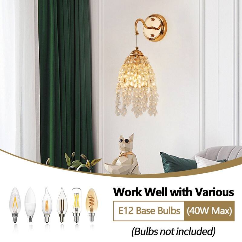 Set of 2 Elegant Gold Wall Sconces with Crystal Grape Beads E12 Socket, for Living Room, Bedroom, Hallway (Bulbs Not Included)