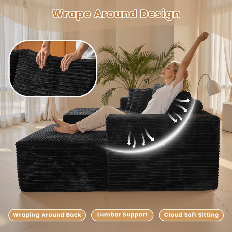 HOOOWOOO Modern Plush Corduroy L-shaped Sofa Chaise Lounge with Ottoman