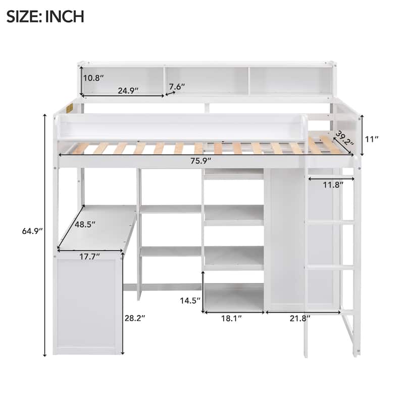Space-Saving Twin Size Loft Bed with Wardrobe, Cabinets, Shelves, and Desk - Strong Pine Wood Frame