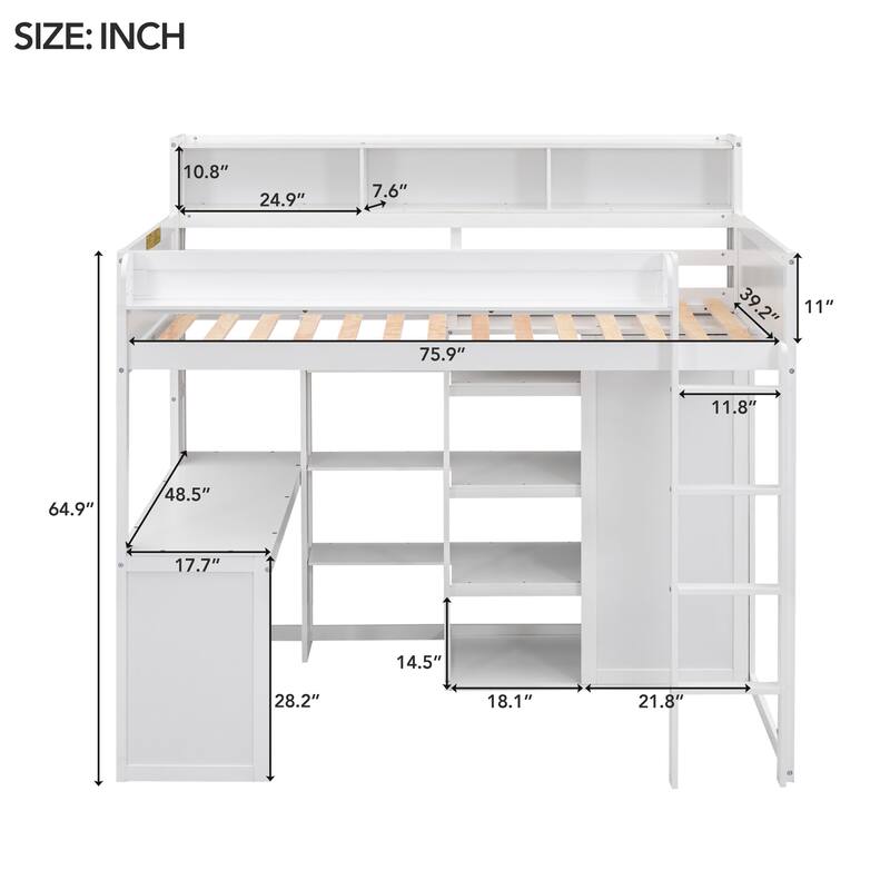 Twin Size Loft Bed with Storage Shelves, Wardrobe, and Built-in Desk, White