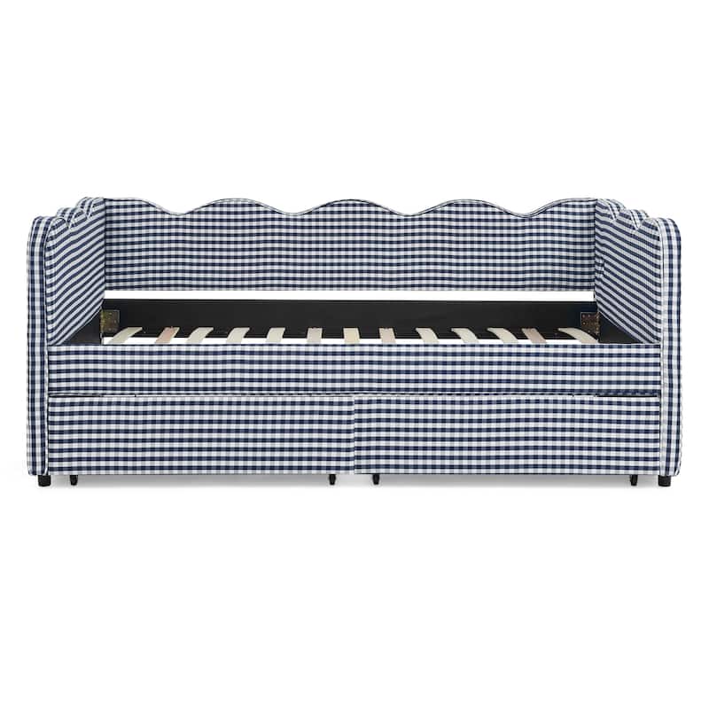 Twin Size Gingham Linen Upholstered Daybed with 2 Storage Drawers, USB Charging Station & Waved Arms