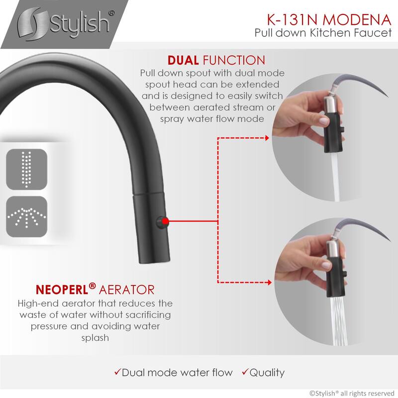 STYLISH Kitchen Sink Faucet Single Handle Pull Down Dual Mode in Stainless Steel - Faucet Height: 14 1/8" | Spout Height: 6 3/4"