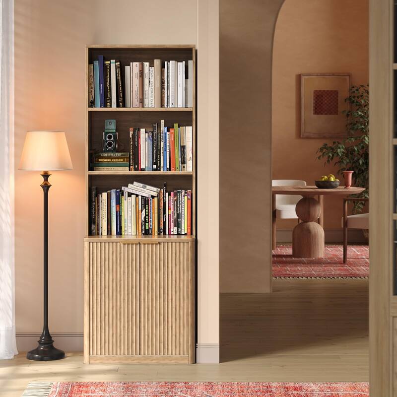 71" Oak Bookcase with Doors, 5-Tier Fluted Tall Bookshelf with Storage