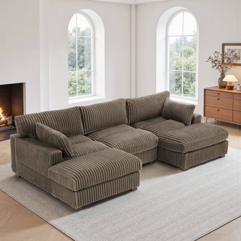 Plush Corduroy Upholstered Modular Sectional Sofa with Chaise