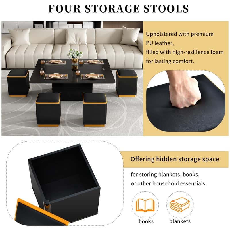 Lift-Top Coffee Table with 4 Storage Stools, Modern Space Saving Center Table with Foldable Top