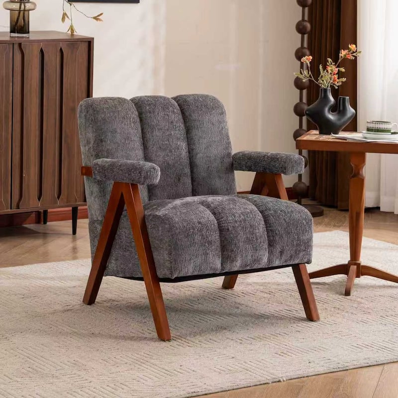 Mid Century Modern Accent Chair, Chenille Armchair with Solid Wood Legs, Channel Tufted Comfy Reading Chair for Living Room
