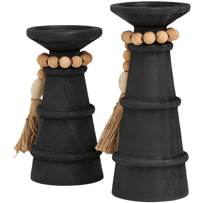 Black Wood Handmade Textured Matte Candle Holder with Beaded Garland Accent (Set of 2)