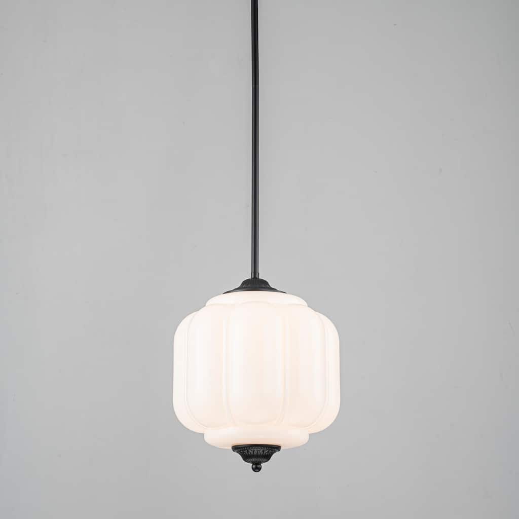 Eloise 1-Light Vintage Pumpkin-Shaped Matte Black Pendant Light with Milk Glass Shade for Hallway or Living Room