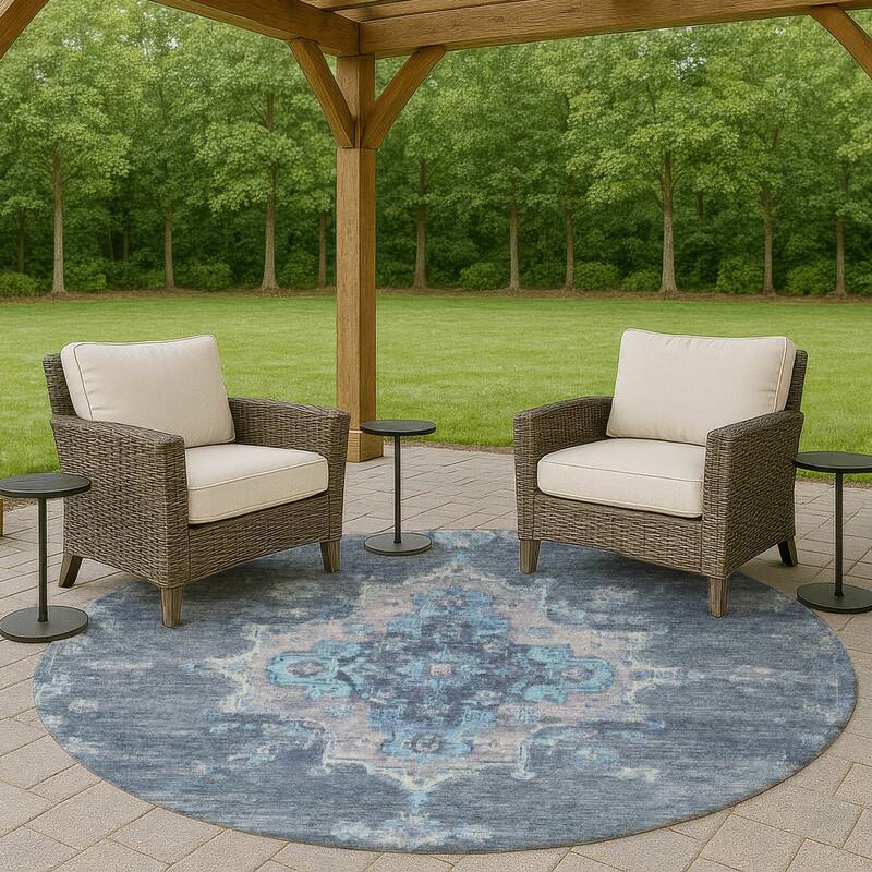Machine Washable Indoor/ Outdoor Traditional Tabriz Chantille Rug - Blue - 8' x 8'