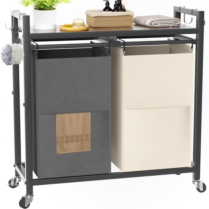 Laundry Hamper with Wheels Laundry Basket Organizer - 27.18"L x 11.8"W x 33.5"H - Gray+Beige