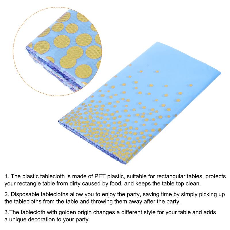 3Pcs Blue Disposable Plastic Tablecloth 54"x108" Gold Dots Table Cover