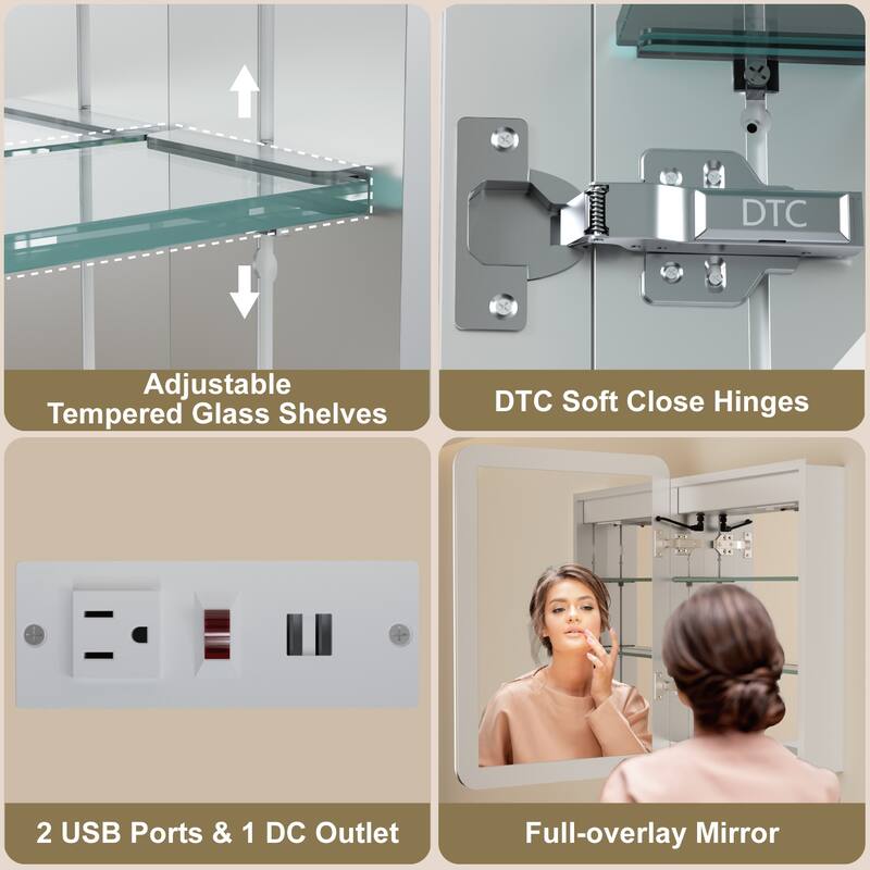 Rounded Edge LED Medicine Cabinet with Mirror, Dimmable, Anti-fog, Adjustable Shelves, Recessed or Wall Mount, ETL Certified