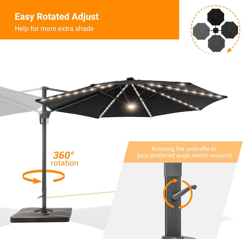BONOSUKI 11ft LED Aluminum Patio Cantilever Offset Umbrella with Base