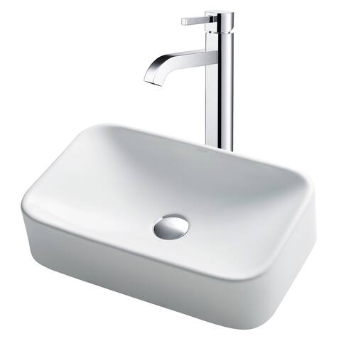 Kraus 3-in-1 Set White Rectangle Ceramic Sink, Ramus Faucet w/Drain