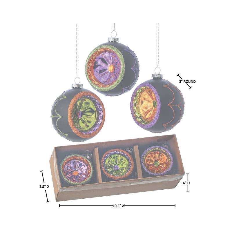 3" Glass Spooky Reflector Ornaments Box of 3
