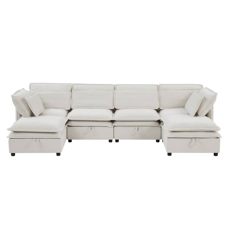 U-Shaped Modular Sectional Sofa with 2 Storage Ottomans, Convertible Sectional Sofa Bed, 6 Seater Sofa with Throw Pillows