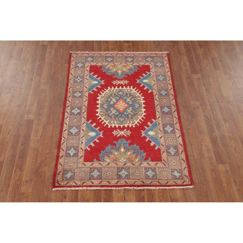 Traditional Red Kazak Oriental Accent Rug Hand-Knotted Wool Carpet - 3'5" x 4'11"