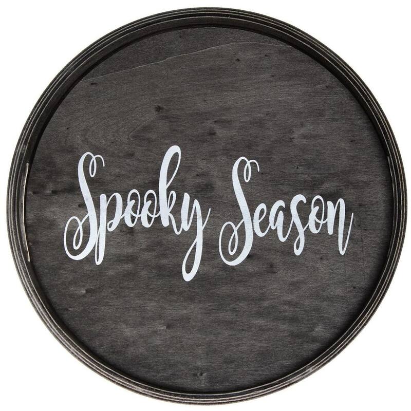 HomeRoots 14" Black And White Spooky Season Round Serving Tray With Handles - 13.75 in. x 1.65 in. x 13.75 in.