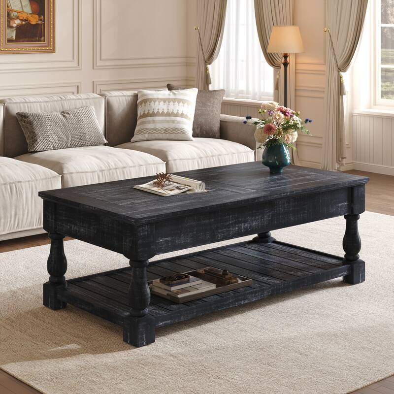 Farmhouse Lift Top Coffee Table with Fixed Shelf - 3 Hidden Storage Trays
