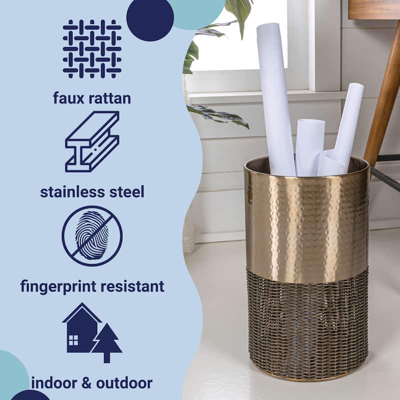 happimess Asher Modern 4.13-Gallon 2-Tone Faux Wicker/Metal Cylinder Waste Basket