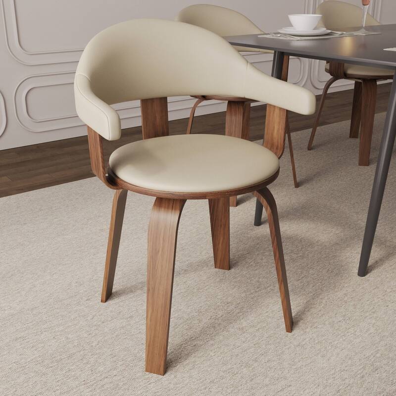 Leather Dining Chair in Solid Wood Accent Arm Chair Open Curved Back Design