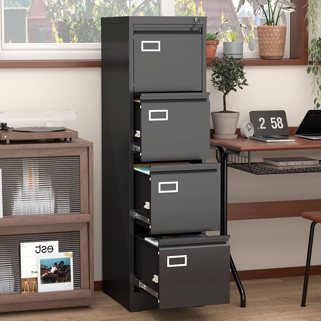 Modern 4-Drawer File Cabinet, Vertical Filing Cabinet with Lock, Silent Slides and Anti-Tilt Design, for Home Office