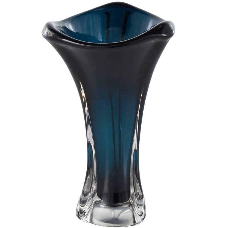 Dark Blue Glass Ombre Tulip Abstract Vase with Clear Base