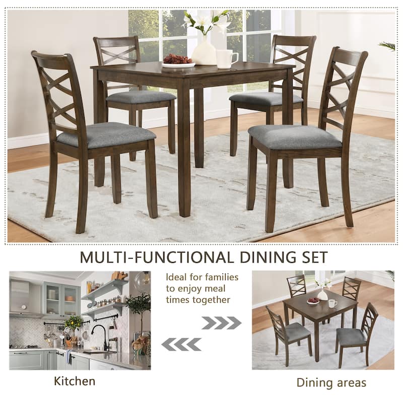 GDFStudio - Dunmore 5-Piece Farmhouse Wooden Square Dining Table Set with 4 Wooden Upholstered Dining Chairs