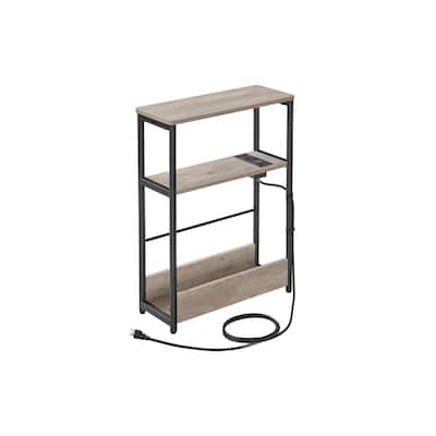 Space-Saving End Table with 3 Storage Shelves and Built-In Charging Station and Stable Steel Frame - 7.1"D x 17.7"W x 22.8"H