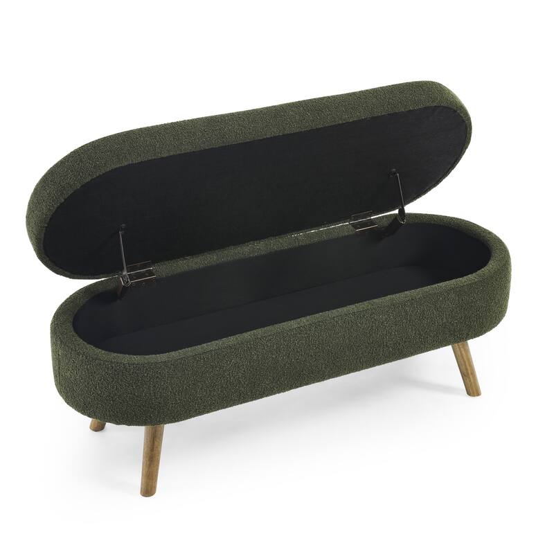 43.5 in. Oval Bedroom Bench Linen Fabric Upholstered Storage Ottoman Bench with Solid Wood Legs Entryway Bench