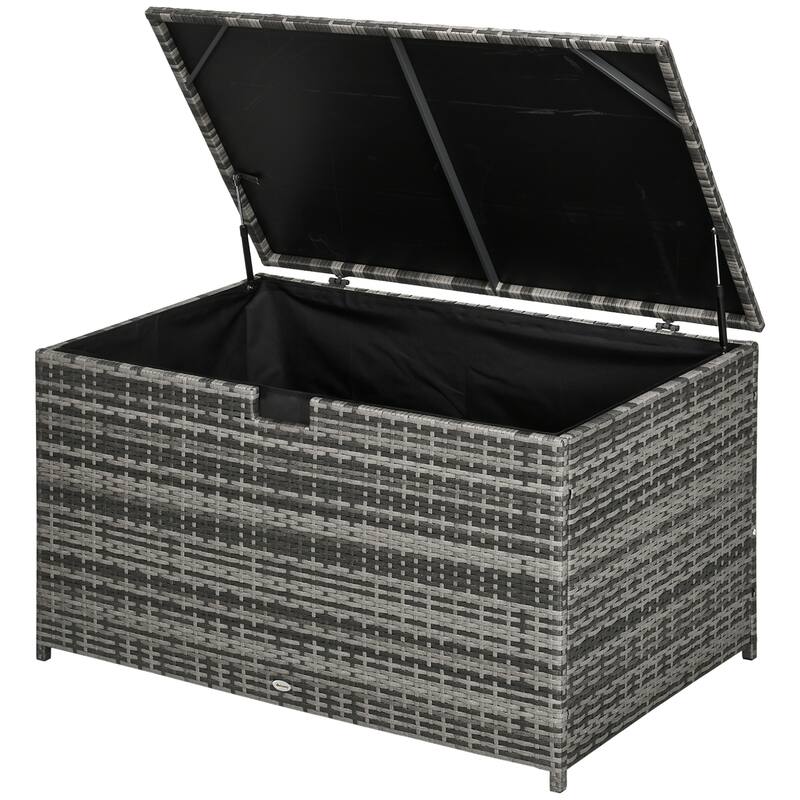 Outdoor Rattan Waterproof Storage Box 113 Gallon Deck Box with Front Groove Handle and Hydraulic Gas Spring-Assisted Lift