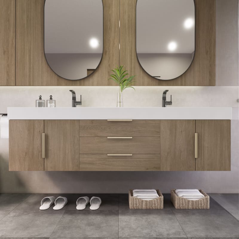 Noble 72" Wall Mounting Vanity with Reinforced Acrylic Double Sink - 72" Width - Wood Finish - White Oak
