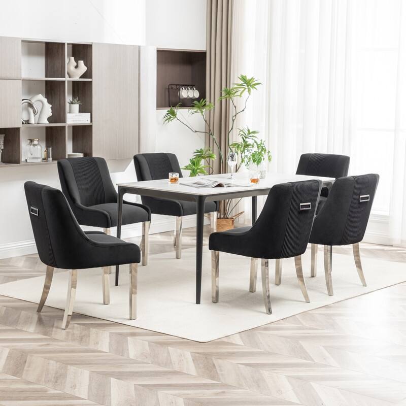 SEYNAR Contempoary Velvet Dining Chair Set of 6 with Metal Frame Legs and Back Pull - Black