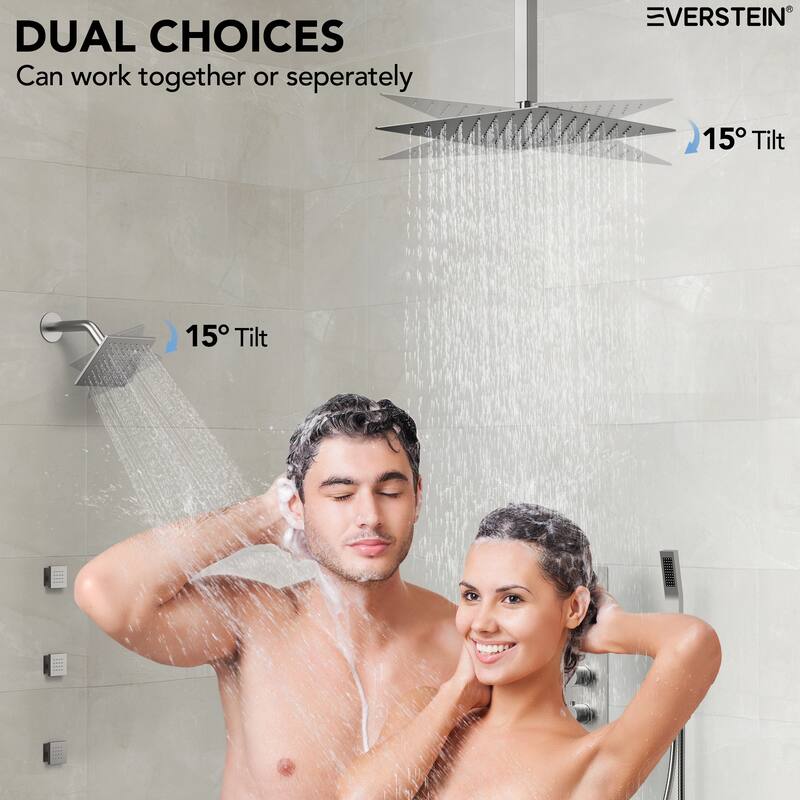Dual Heads 16" Rainfall & High Pressure 6" Shower Head 3 Way Thermostatic Faucet System w/ 3 Body Jets