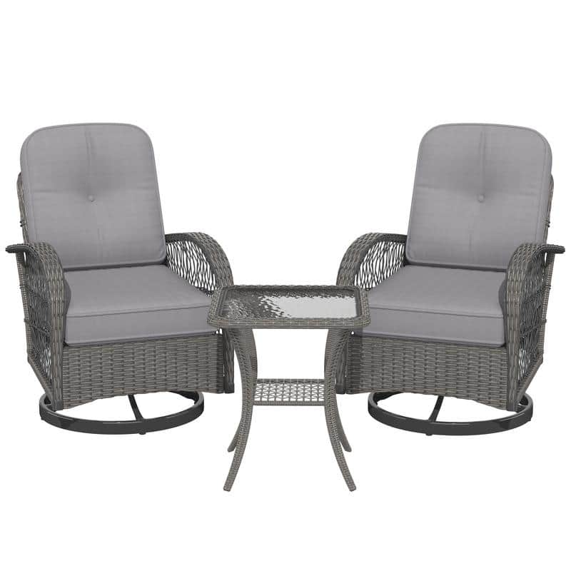 Outdoor Swivel Rocker Bistro Set - 3 Piece Wicker Patio Set with Swivel Rocking Chairs, Cushions, and Tempered Glass Side Table