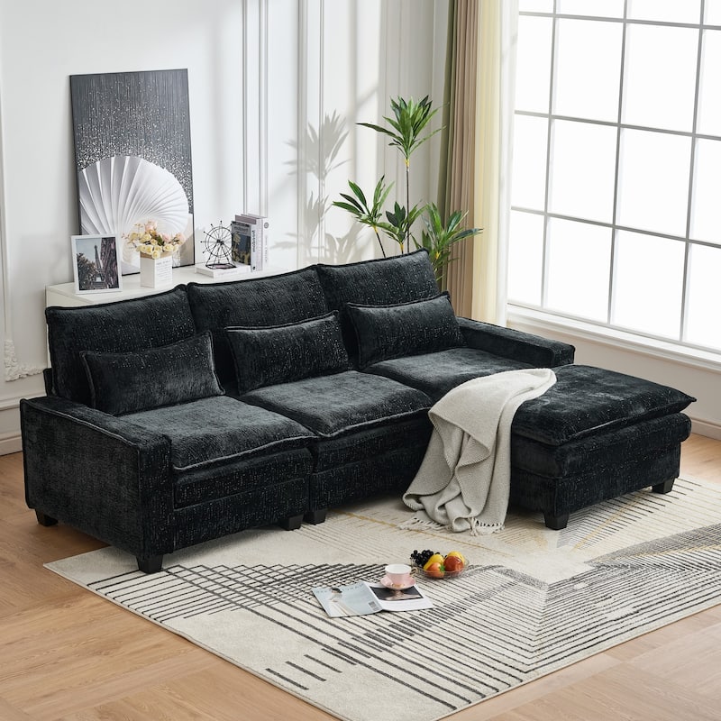 Roomfitters 99" Modern Modular Sectional Sofa with Reversible Ottoman, Padded Armrest Couch with Lumbar Pillows - Black