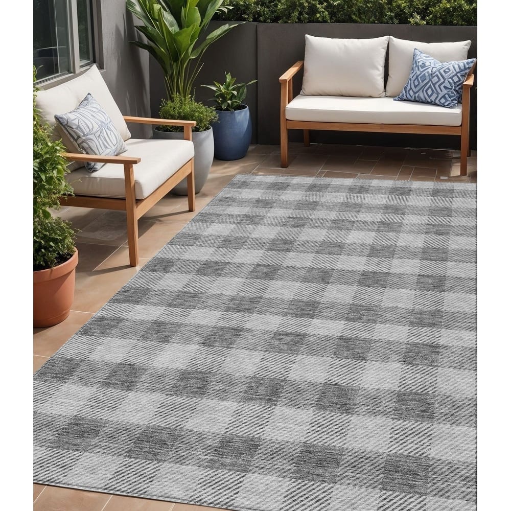 HomeRoots Plaid Transitional Rectangle Outdoor Rug