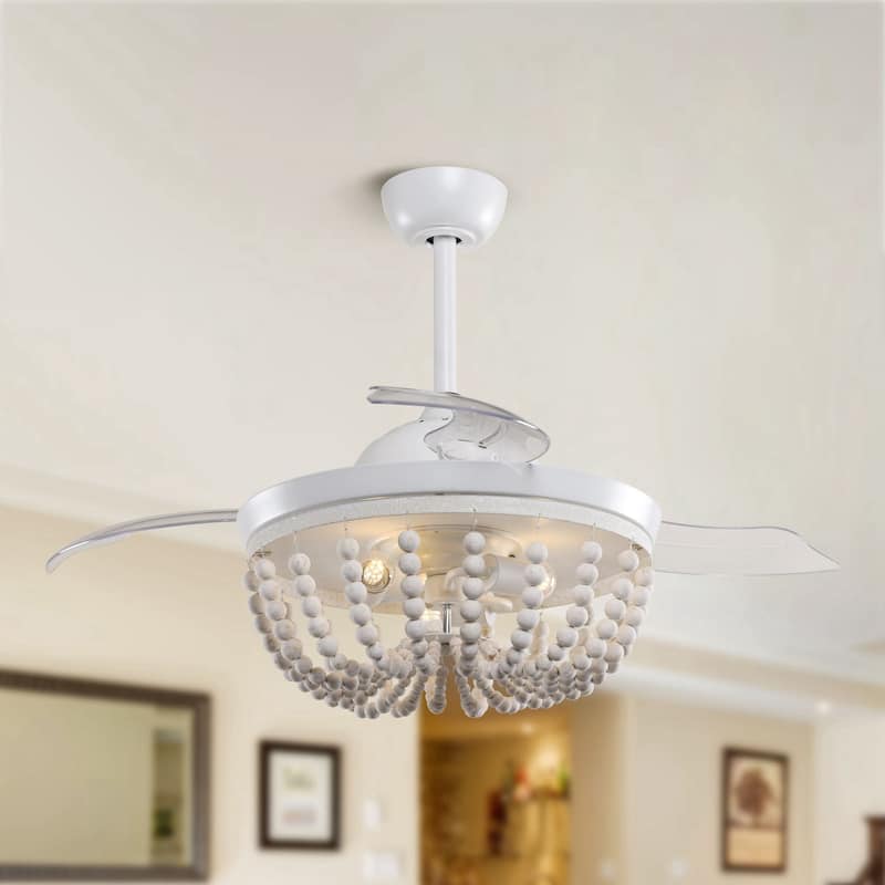 42" White Retractable Chandelier Ceiling Fan with Remote and Light Kit - 42 in