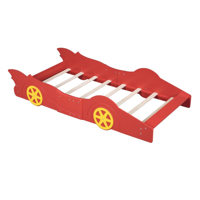 Twin Size Race Car Bed with Wheels and Rails, Fun Design for Kids' Rooms