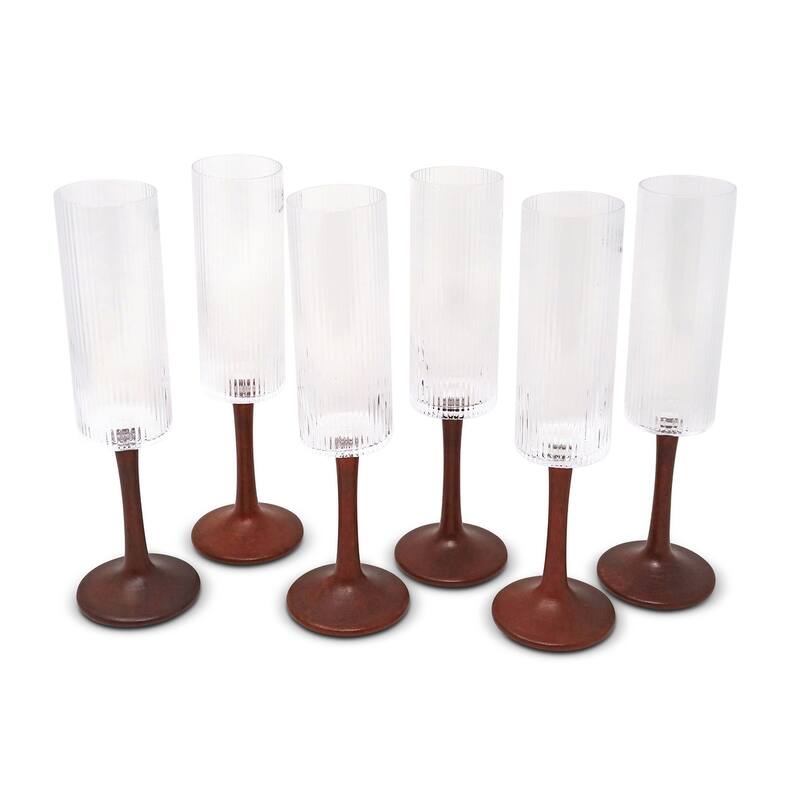 Set of 6 Optic Glasses With Straight Structure And Wood Stem - Flutes
