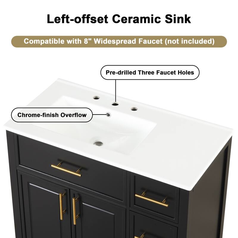 24 inch MDF Bathroom Vanity with Sink Top, Bathroom Vanity Cabinet with Two Doors and Three Drawers