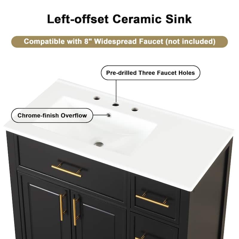 36" Bathroom Vanity with Sink Top,Bathroom Vanity Cabinet with Two Doors and Three Drawers,Solid Wood,MDF Boards,One Package