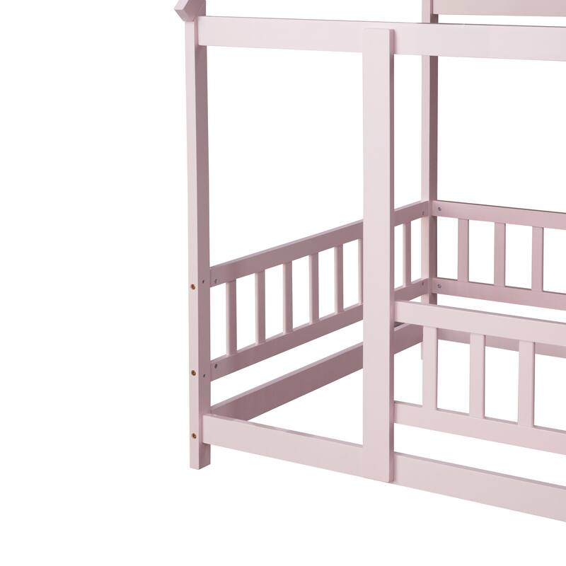 Twin Size Wooden Floor Bed with Roof Frame and Safety Guardrails, Pink