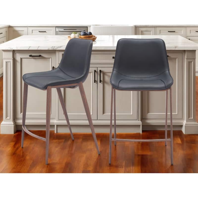 Set of Two 26" Black And Brown Faux Leather And Steel Counter Height Bar Chairs - Black