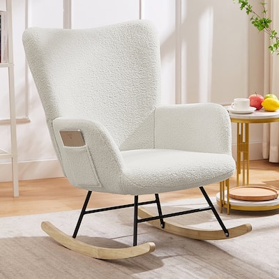 Javlergo Teddy Fabric Rocking Chair, Upholstered Nursery Glider Rocker with High Backrest & Side Pocket