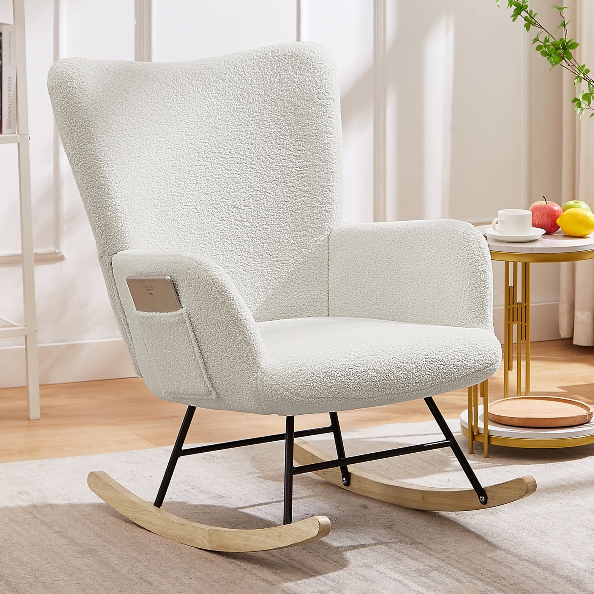 Javlergo Teddy Fabric Rocking Chair, Upholstered Nursery Glider Rocker with High Backrest & Side Pocket